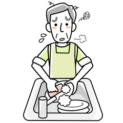 疲れた表情で食器洗いをするシニア男性