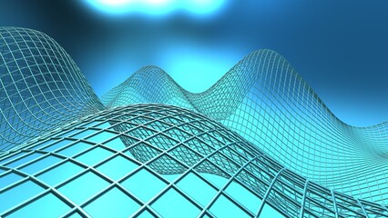 Silver illuminated mathematical geometric abstract wave grid under blue-white background wall paper. Architectural sculpture. 3D illustration. 3D high quality rendering. 3D CG.