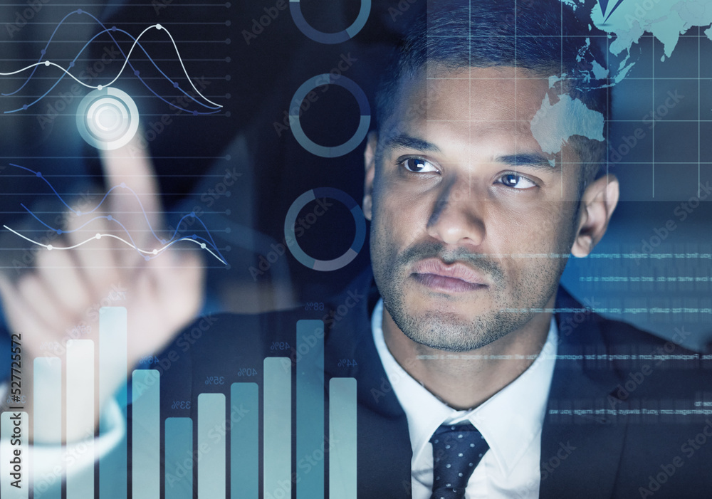 Aufkleber Digital infographics, web graphs and futuristic interface screen for charts, data and stats of business man coding in work office. Face of website developer reading analytics and research on tech