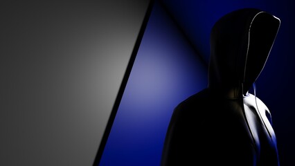 Anonymous hacker with blue color hoodie in shadow under deep black-blue background. Dangerous criminal concept image. 3D CG. 3D illustration. 3D high quality rendering.