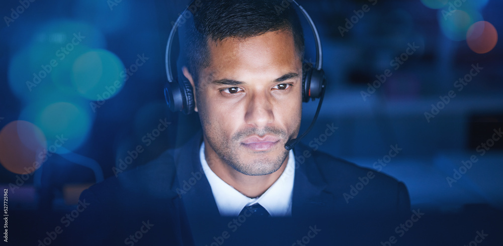 Aufkleber stock market, bitcoin and financial trading call center employee thinking while reading the global n