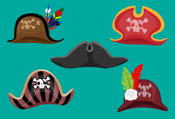 Pirate cartoon vector game captain hat object set. Sea adventure element collection
