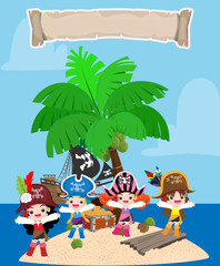 The pirate treasure island scene has a treasure chest filled with gold coins, gems and pearls.