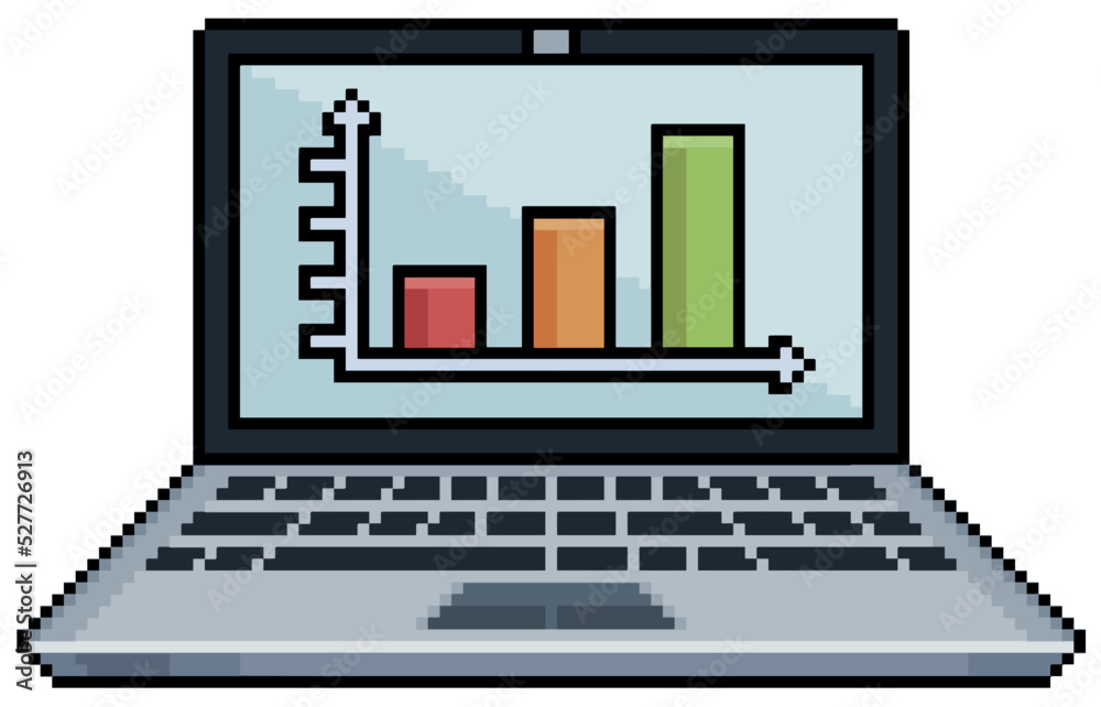 Fototapete pixel art laptop with data graphics on the screen. data analysis vector icon for 8bit game on white 