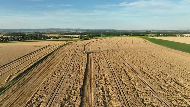 Harvester combine wheat drone aerial view during harvesting harvest tractor cereals cuts crop Triticum aestivum field collecting tractor trailer pouring spreading sprinkling pile side vehicle train