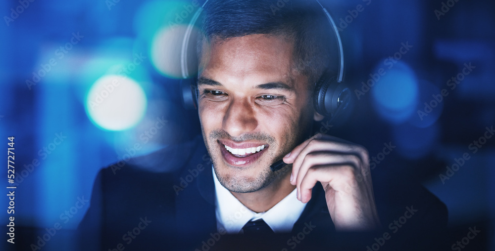 Aufkleber Telemarketing customer support, consultant and help man on an online phone consultation at night. Happy internet call center employee working on contact us digital web crm consulting in the dark