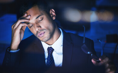 Night, stress and headache of a businessman working overtime or late in dark office for 404 report,...