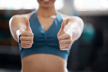 Woman, fitness and thumbs up to health, workout and training to live an active, wellness and...