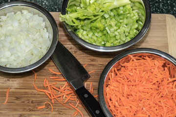 Mirepoix, chopped vegetable cut, mixture of onion, carrot and celery.