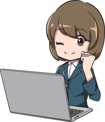 PC前でガッツポーズをするスーツを着た女性