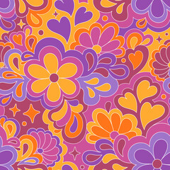 Fototapeta na wymiar Retro groovy 60s 70s vector seamless pattern. Old school psychedelic hippie design with flowers and hearts for package, branding, textile, stationery, wraping paper, gift cards, any surface