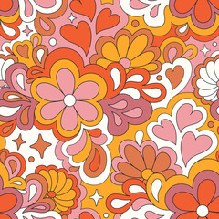 Retro groovy 60s 70s vector seamless pattern. Old school psychedelic hippie design with flowers and hearts for package, branding, textile, stationery, wraping paper, gift cards, any surface