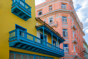 Cuba, colorful streets of Old Havana in historic city center near Paseo El Prado and El Capitolio.