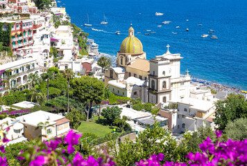Scenic views of Positano Italian colorful architecture and landscapes on Amalfi Coast in Italy. - obrazy, fototapety, plakaty