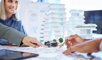 Architecture hands, 3d blueprint project and construction development for building renovation, contractor strategy and industrial designer. Creative meeting for engineering, sketch proposal and plan