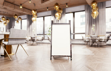 sign Mock up restuarant with modern sofa and decorations, copy space. 3D rendering.