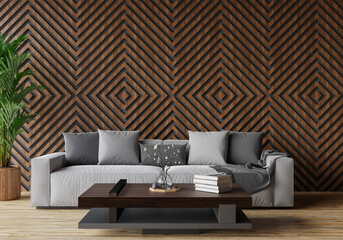 minimal room and decoration copy space - seamless wood wall. 3D rendering.