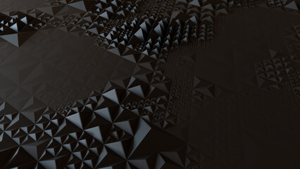 Dark High Tech Surface with Triangular Pyramids. Black, Polygonal 3d Wallpaper.