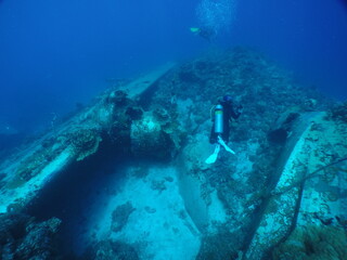 Japanese navy airplane Emily seaplane in WW2 Chuuk (Truk lagoon), Federated States of Micronesia (FSM). Here is the world's greatest wreck diving destination.