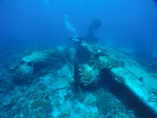 Naklejka na ściany i meble Japanese navy airplane Emily seaplane in WW2 Chuuk (Truk lagoon), Federated States of Micronesia (FSM). Here is the world's greatest wreck diving destination.
