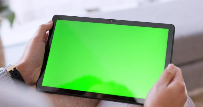 Mockup, green screen and chroma key on a tablet in hands for advertising, marketing or product placement. Advert, space and digital display to endorse a product, graphic or logo of an online company