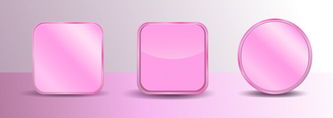 Cute Pink Feminine color application frame background in vector. Rectangle, round shape gloss reflection gradient apps icon button label ui interface button set.