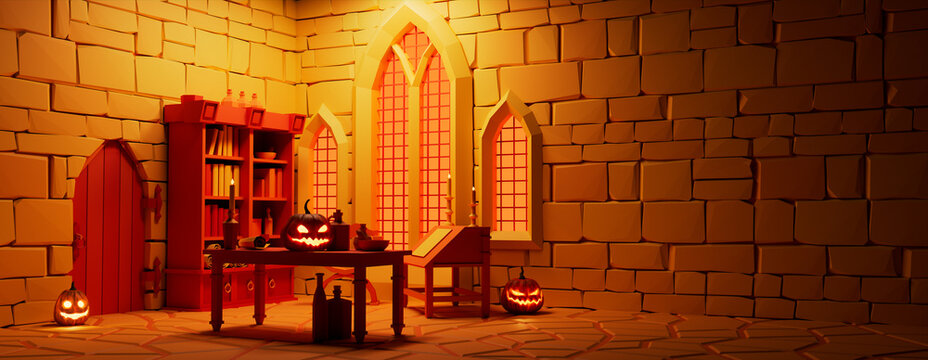 Jack O' Lanterns in Low Polygon Medieval Room. Halloween banner with copy-space.