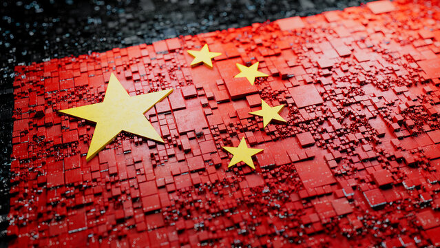 Flag of China rendered in a Futuristic 3D style. Chinese Innovation Concept. Tech Background.