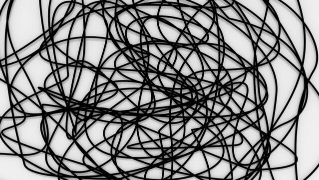 Animation black hand drawn tangle with scrawl, scribble, circles on white. Doodle thread drawing chaotic abstract background. Self drawing animation of line.