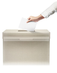 Close-up hand holding ballot paper into the voting box. Freedom democracy concept. Freedom vote...