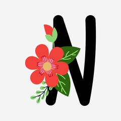 Floral hand-drawn font N alphabet flat design