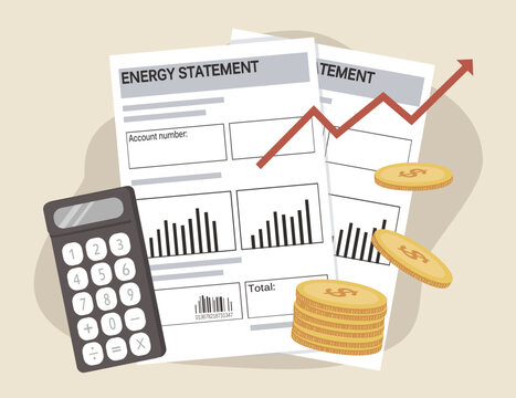 vector illustration in a flat style on the theme of energy crisis, increase in electricity prices. electric bill, calculator, stack of coins and up arrow