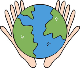 Hand Drawn world and hand illustration on transparent background