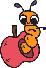 Hand Drawn cute worm on apple illustration on transparent background