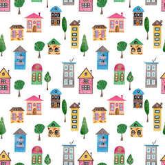 Fototapeta na wymiar Multicolored houses. Seamless pattern. watercolor illustration