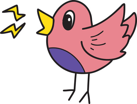 Hand Drawn little bird singing illustration on transparent background