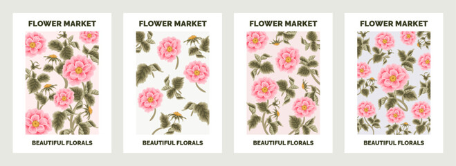 Set of beautiful modern botanical garden flower market poster illustration with roses and floral leaf branch