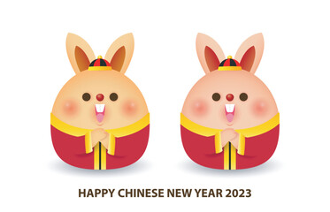 Obraz na płótnie Canvas Happy Chinese new year 2023 greeting card, the year of the rabbit zodiac, Little bunny greeting gong xi fa cai, calendar, Cartoon isolated white background vector illustration