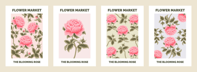 Set of beautiful modern botanical garden flower market poster illustration with roses and floral leaf branch