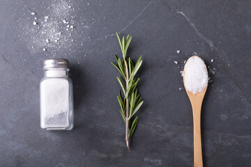 Overhead view of salt shaker with rosemary and wooden spoon arranged side by side on table