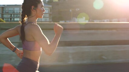 Fitness woman running fast, cardio city training and marathon exercise for speed, strong body and healthy wellness with lens flare. Focus, runner and young athlete in motivation, power and challenge