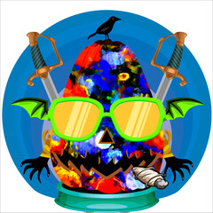 Cartoon Funny Halloween Pumpkin Head with Wings and Weapon in the Behind, Standing on Podium. Vector Art Illustration of Pumpkin Face.