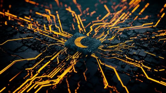 Night mode Technology Concept with moon symbol on a Microchip. Orange Neon Data flows from the CPU across a Futuristic Motherboard. Seamless Loop.