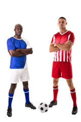 Full length portrait of confident biracial male soccer players with arms crossed on white background © WavebreakMediaMicro