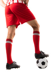Fototapeta premium Low section of male caucasian athlete stepping on soccer ball over white background