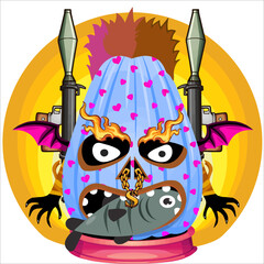 Cartoon Funny Halloween Pumpkin Head with Wings and Weapon in the Behind, Standing on Podium. Vector Art Illustration of Pumpkin Face.
