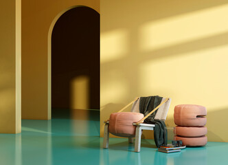 Modern living interior with design armchair 3d rendering