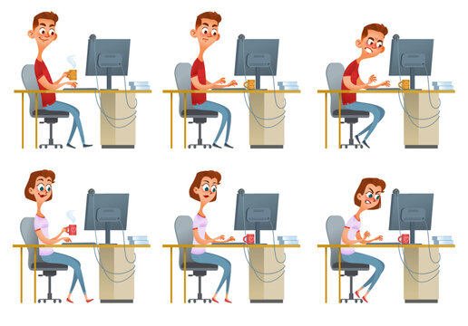 Set of funny cartoon man and woman sitting at the table and working online on a computer with different poses and emotions. Cartoon vector illustration. Isolated on white.