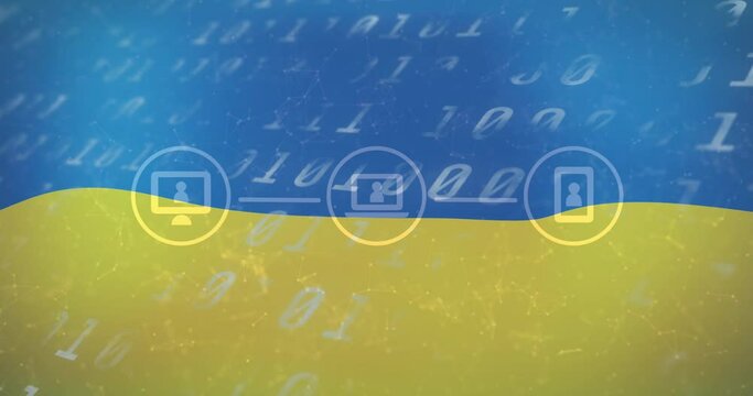 Animation of connections with icons and binary code over flag of ukraine