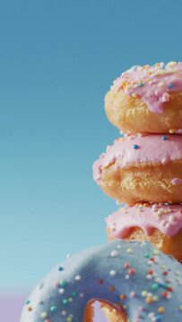 Video of donuts with icing on pink and blue background